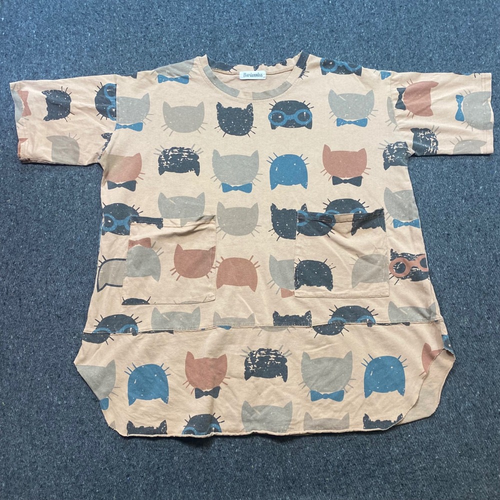 Mordenmiss Cat Print TShirt Sz L Womens Tan Boho Artsy Oversized‎ Pocket Tunic